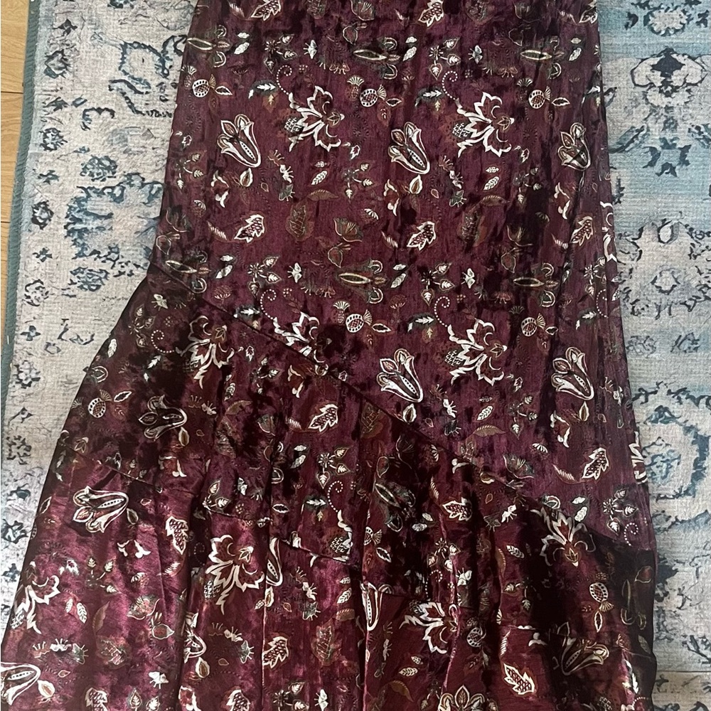 SFERRA Burgundy Floral Tiered Maxi Skirt with Metallic Accents